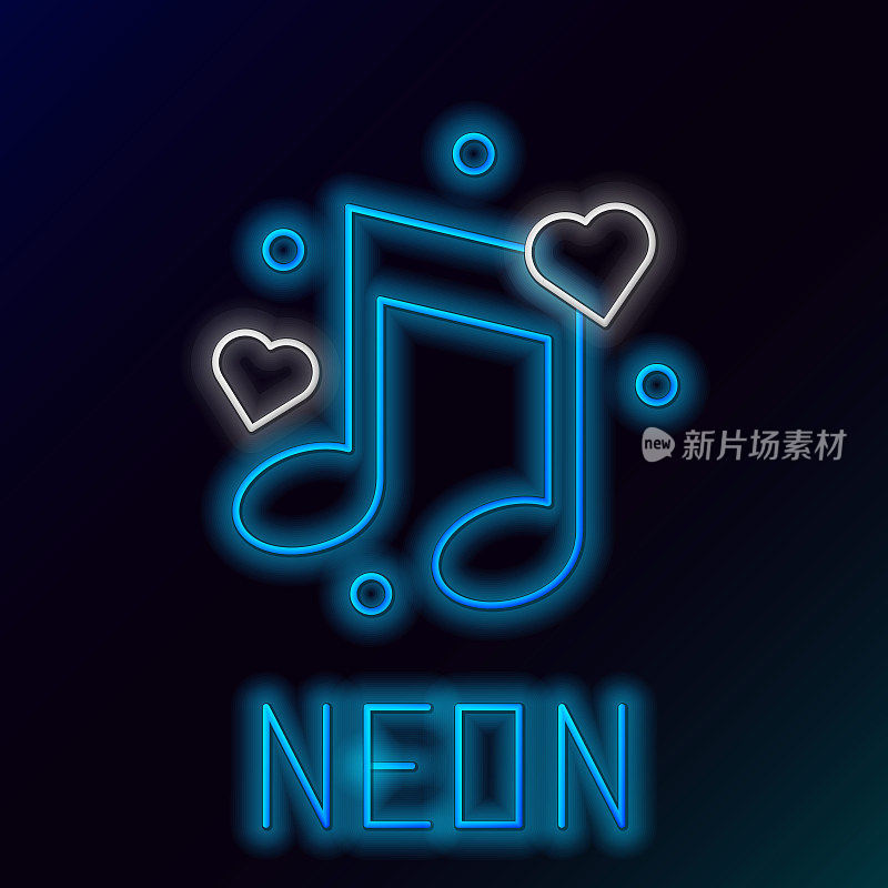 Blue glowing neon line Music note, tone with hearts icon isolated on black background. Colorful outline concept. Vector Illustration